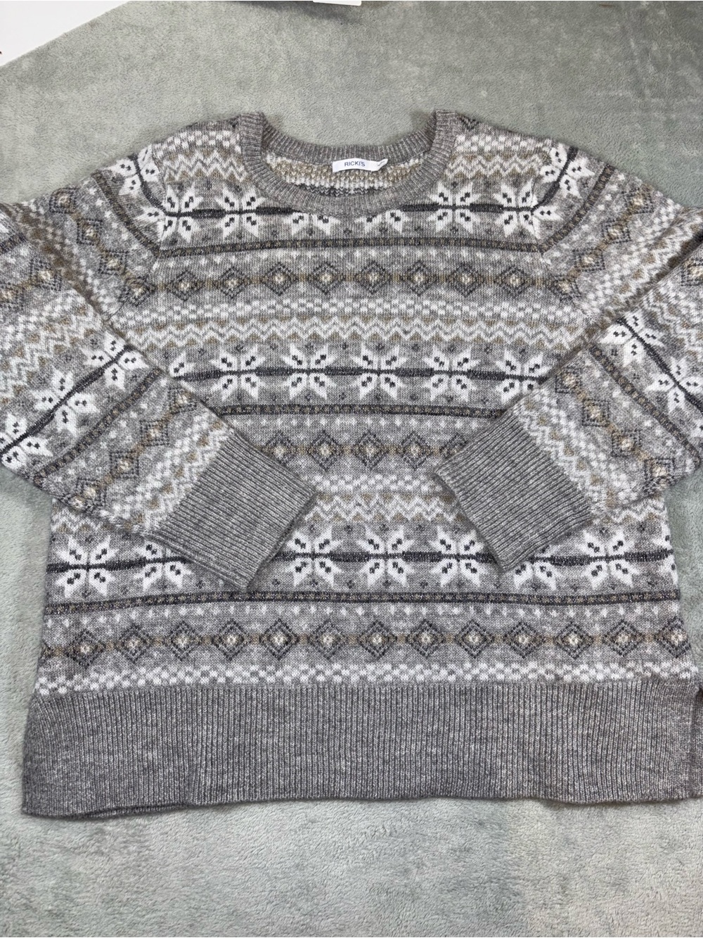 Ricki's Gray Fair Isle Knit Crewneck Pullover Sweater XL